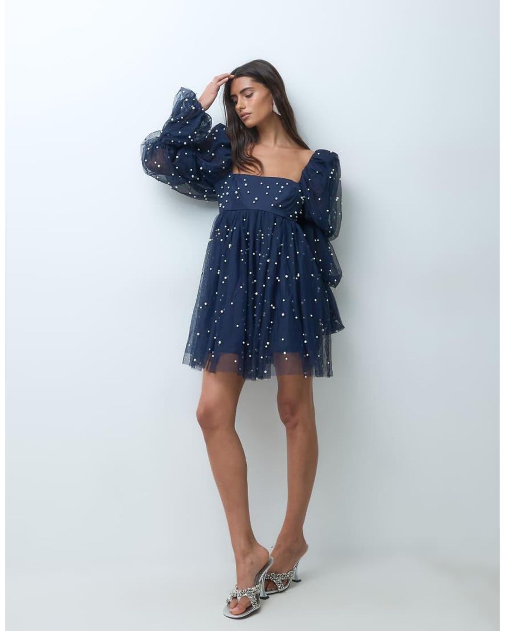 ASOS Blue Tulle Baby Doll Dress With Pearl Embellishment