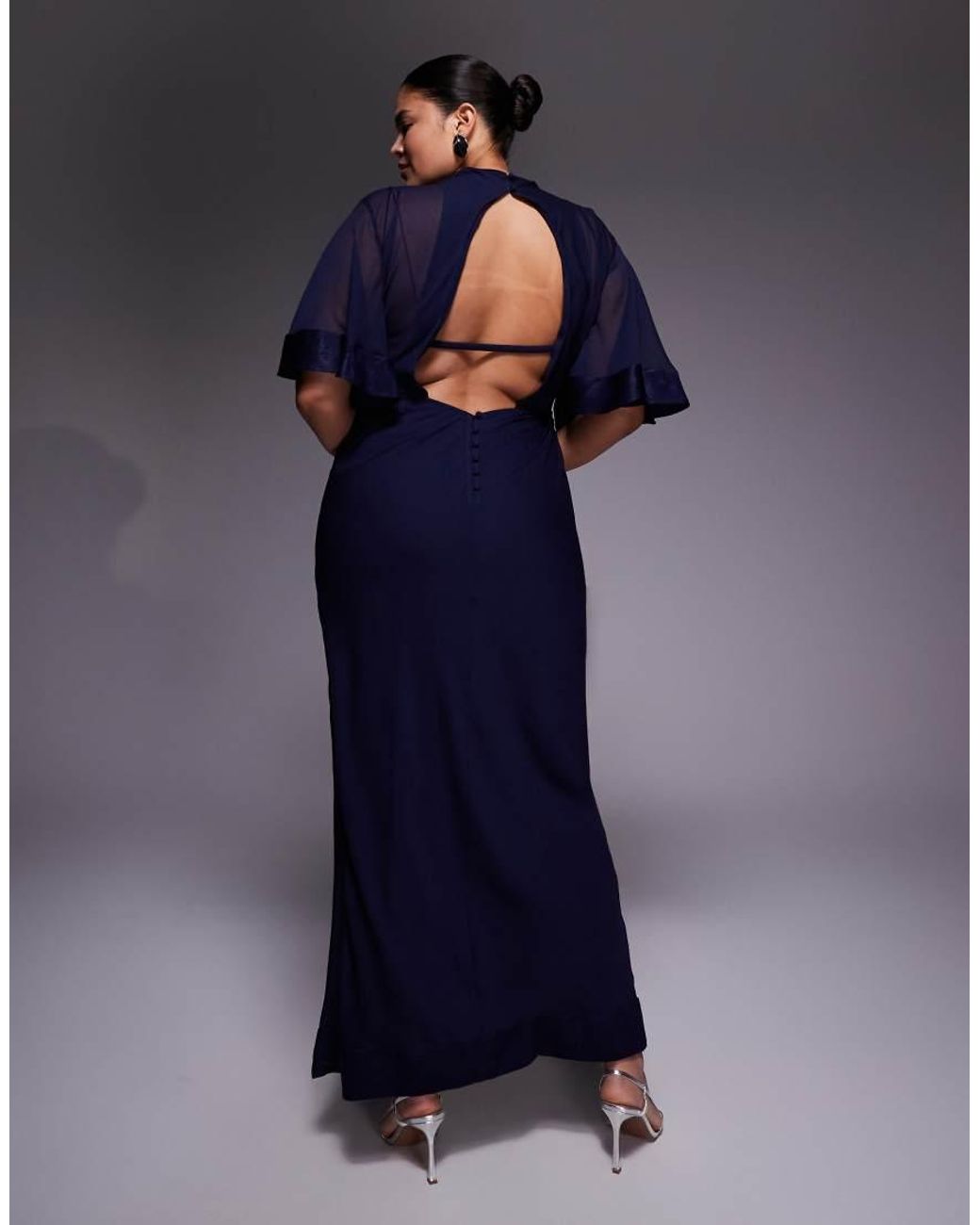 ASOS Blue Asos Design Curve Half Wide Sleeve Column Chiffon And Satin Contrast Dress