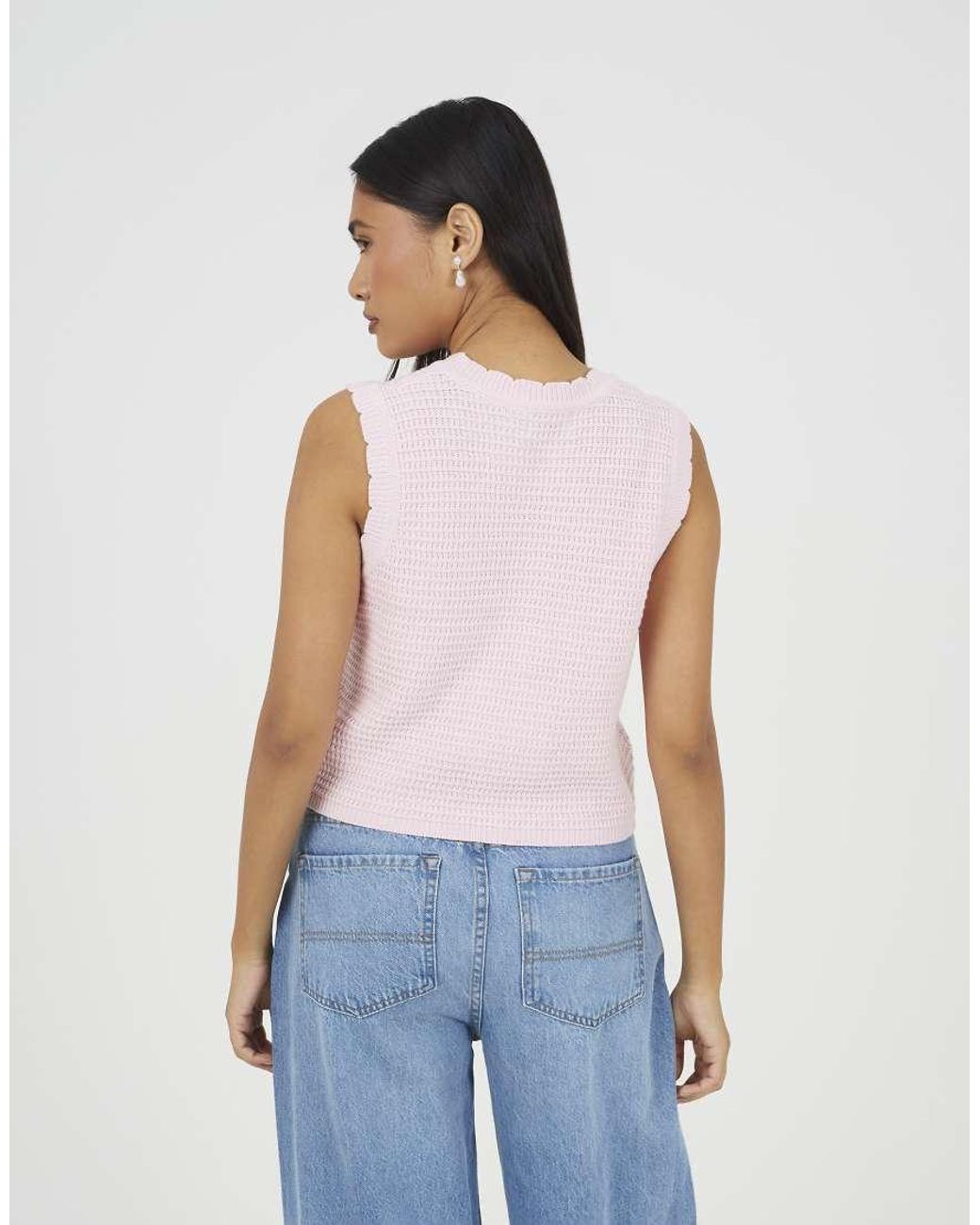 Brave Soul Blue Knitted Crew Neck Tank With Crochet Shells
