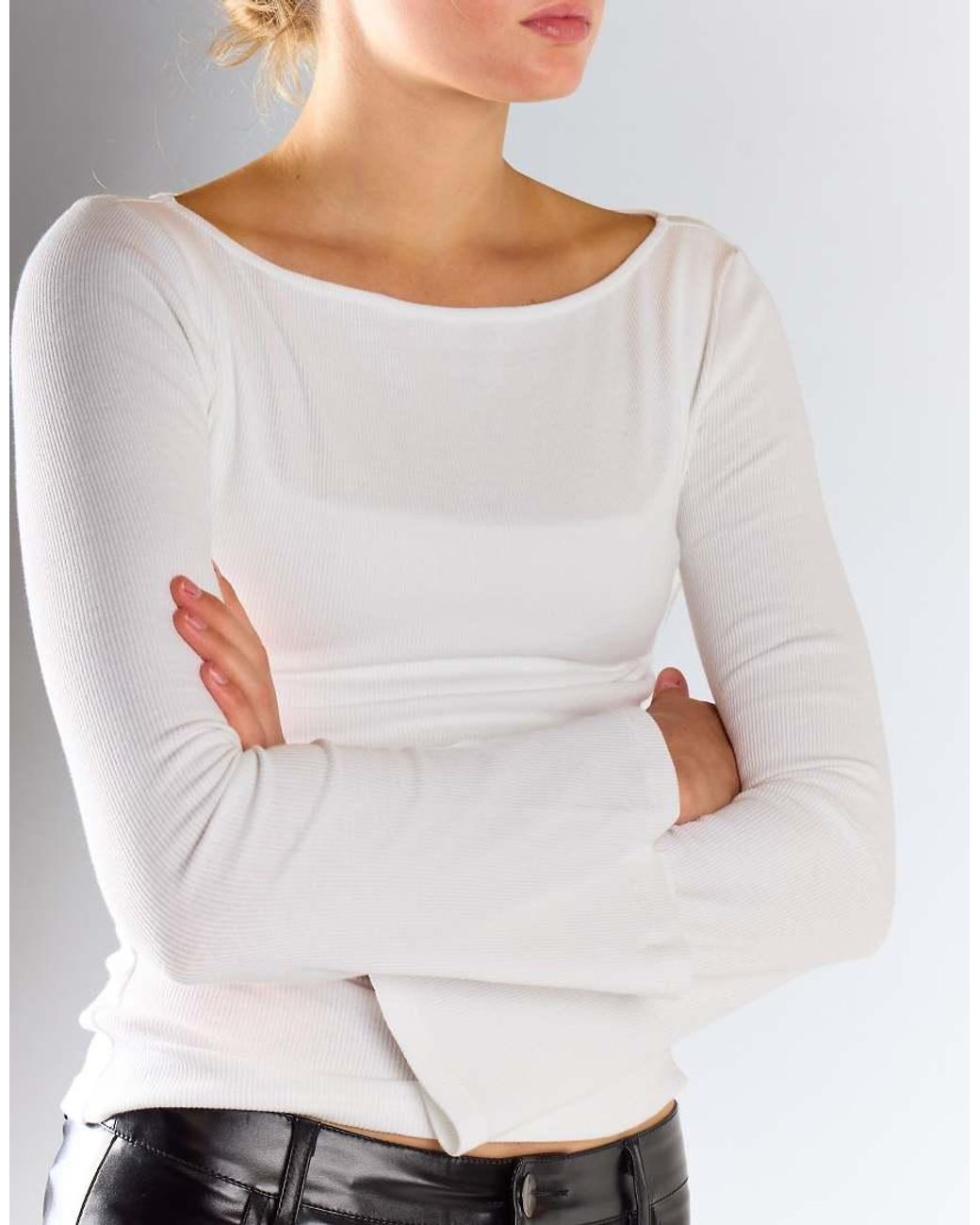 Glamorous White Boat Neck Long Sleeve Top