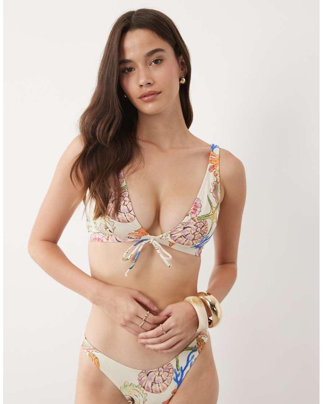 ASOS Natural Fuller Bust Shelly Alice Tie Front High Apex Triangle Bikini Top
