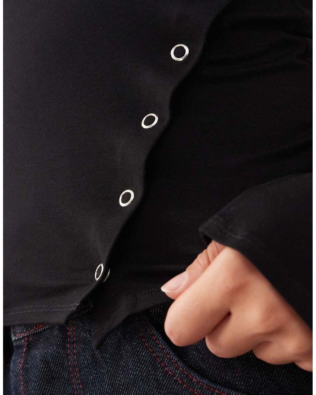 Weekday Black Boat Neck Long Sleeve Top With Eyelet Split Hem Detail