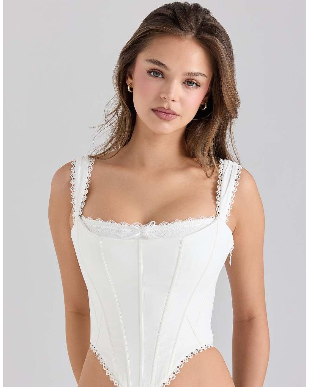 House Of Cb Gray Adina Stretch Cotton Scallop Trim Corset Top