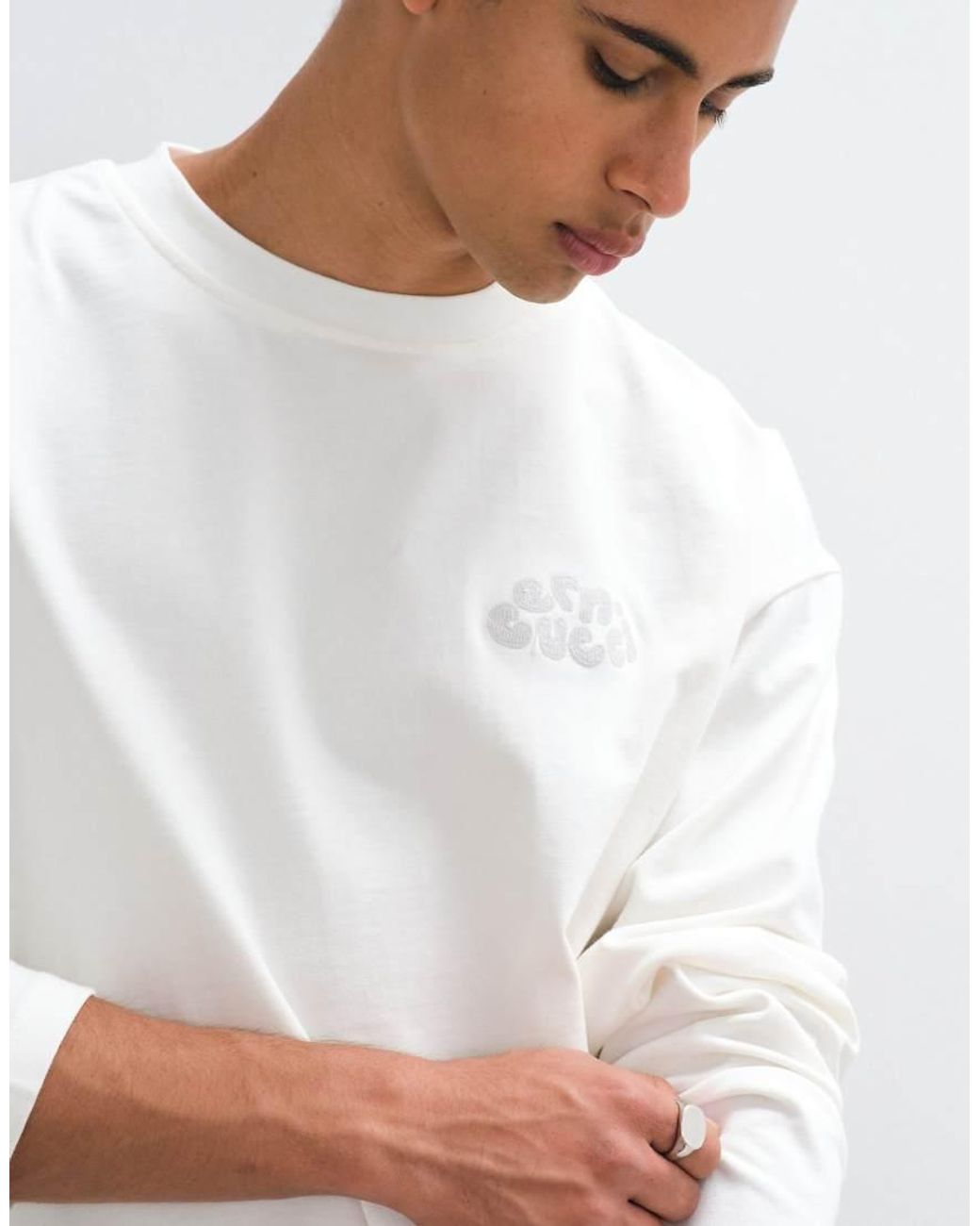 CERNUCCI Long Sleeve T-shirt With Chain Stitch Logo Back Print-white for men