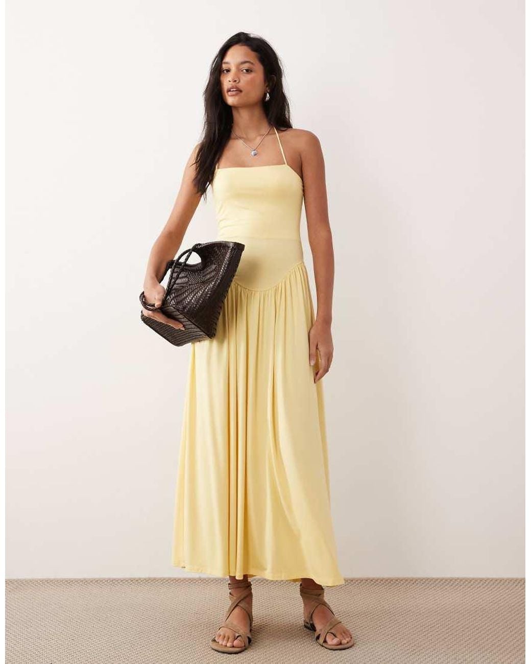 ASOS Yellow Drop Waist Halter Neck Sundress