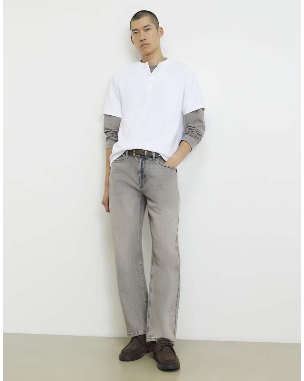 River Island White Regular Fit Cotton Henley Neck T-Shirt for men
