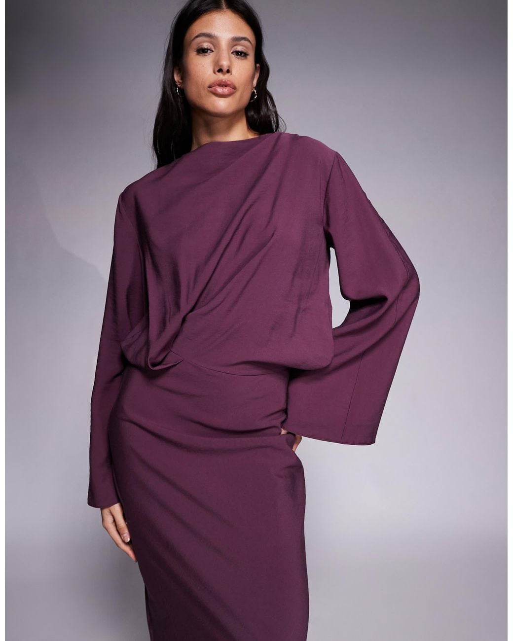 chinese dress ladies ASOS Purple Mesh Long Sleeve Column Midi Dress In Burgundy UK 8 main image 1