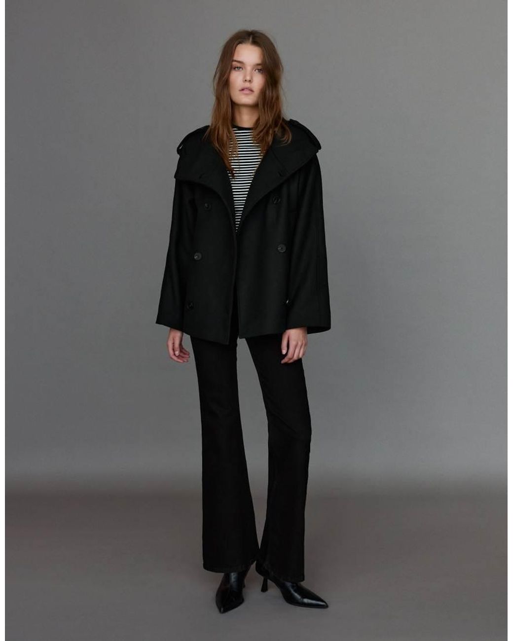 Pull&Bear Black Short Felt Belted Trench Coat