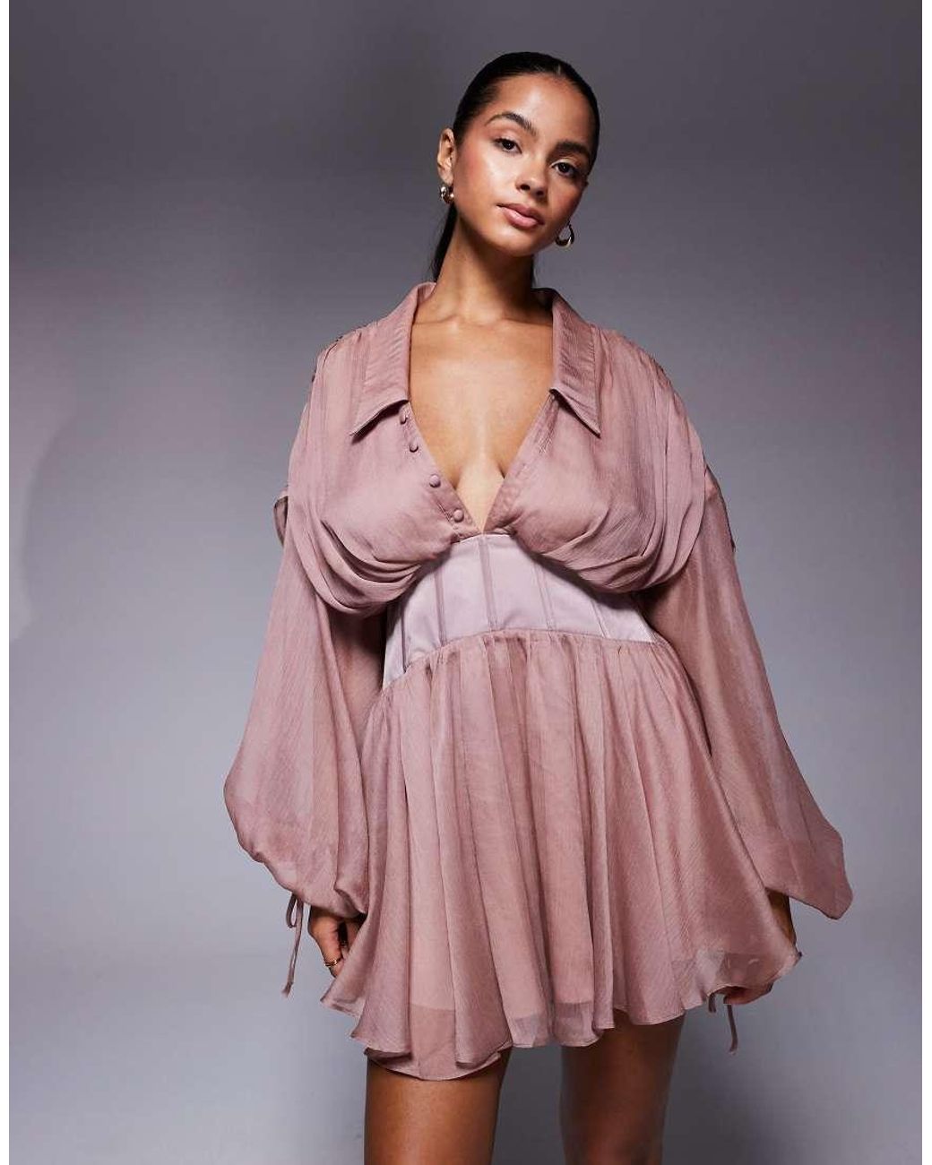 ASOS Brown Soft Plunge Mini Shirt Dress With Corset Detail And Drape Back