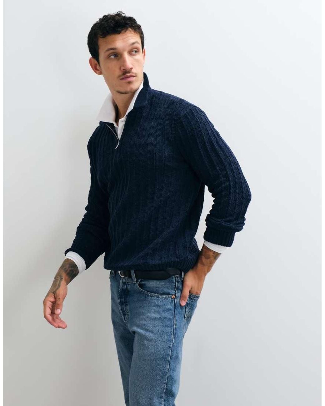 Only & Sons Blue Half Zip Ribbed Knitted Polo Dak Dark for men