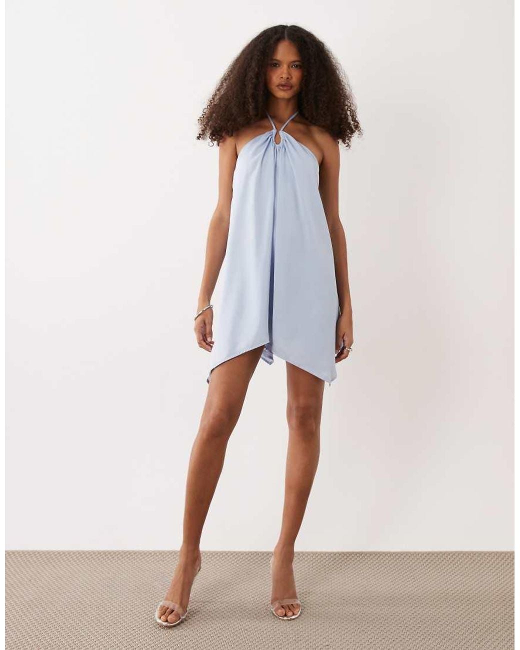 SNDY'S Blue Halterneck Asymmetric Drape Low Back Mini Dress