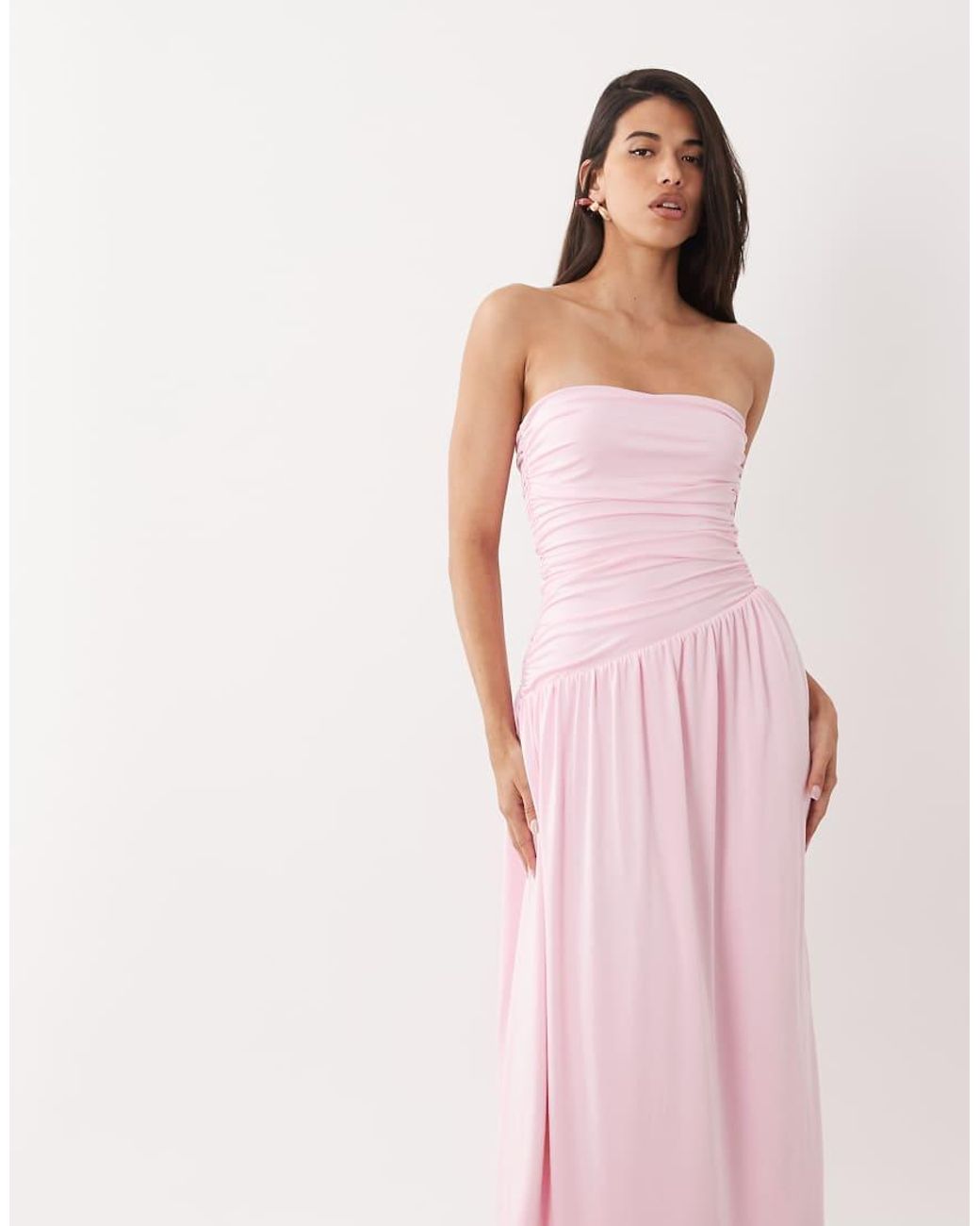 Aria Cove Pink Double Layered Slinky Bandeau Asymmetric Hem Ruched Side Detail Maxi Dress