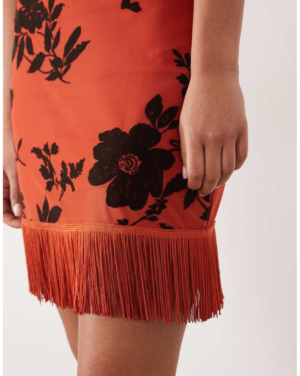 ASOS Red Mini Fringe Skirt With Flocked Floral