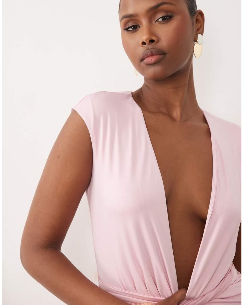 Oh Polly Pink Slinky Plunging V-Neck Cap Sleeve Twist Detail Mini Dress
