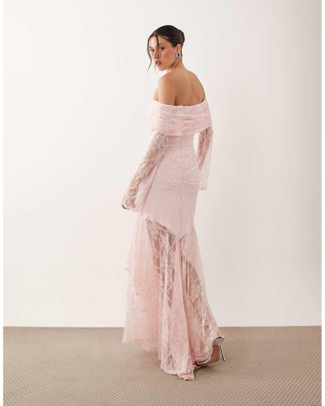 ASOS Pink Lace Off The Shoulder Long Sleeve Maxi Dress
