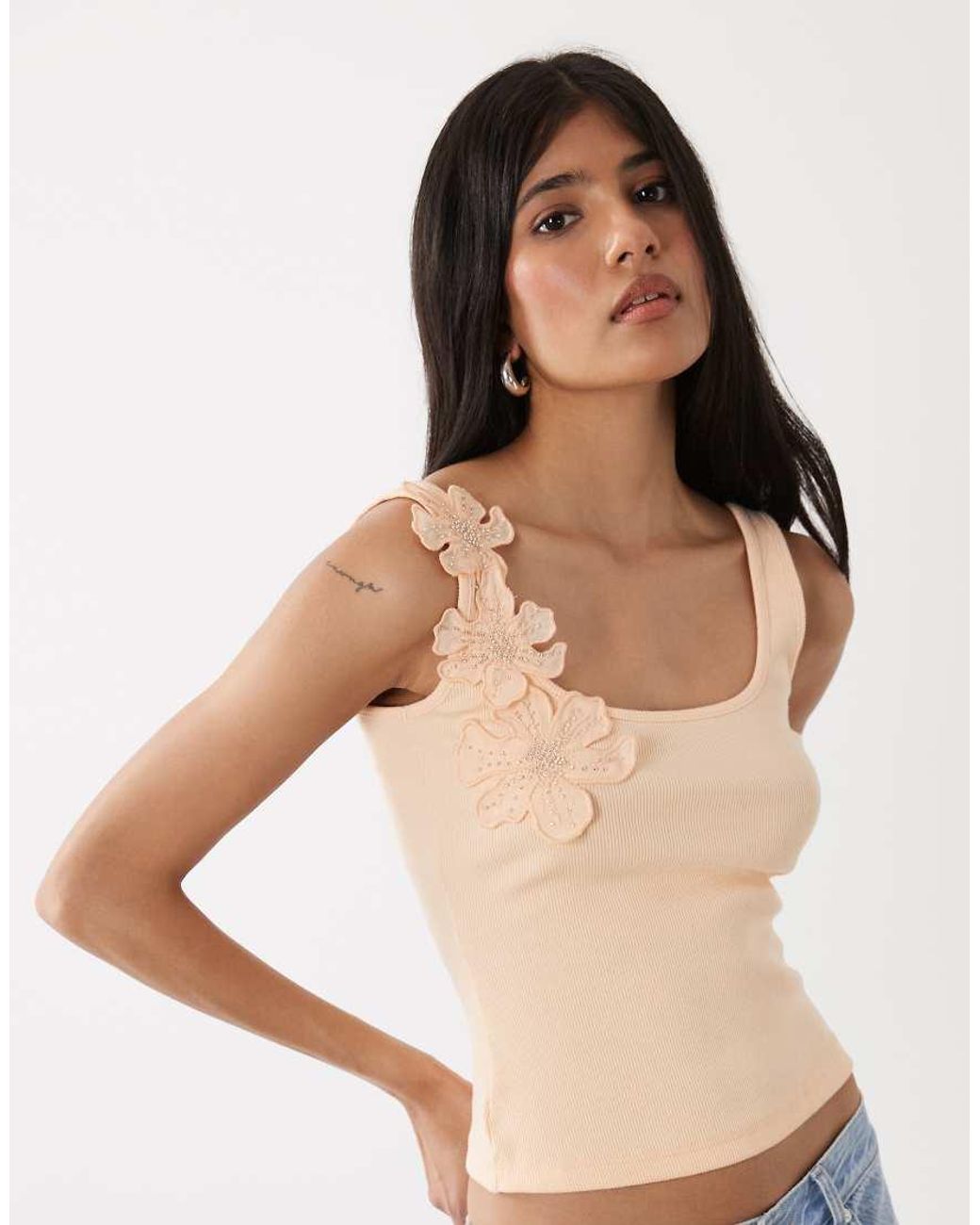 Miss Selfridge Natural Festival Appliqué Floral Square Neck Singlet Top