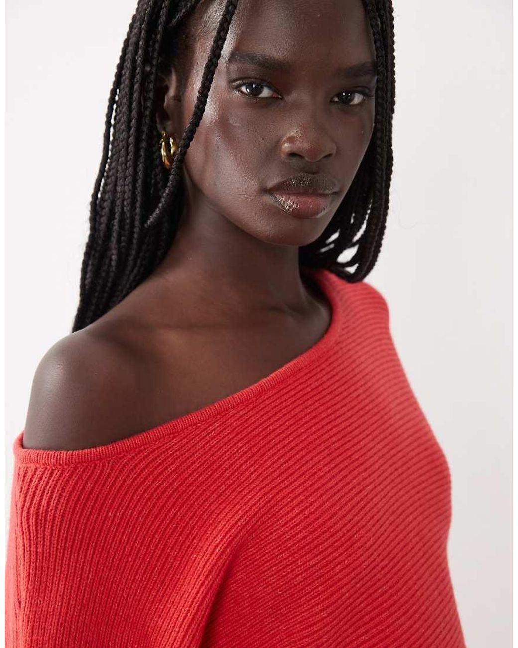 ASOS Red Structu Ribbed Nipped Waist Slash Neck Jumper
