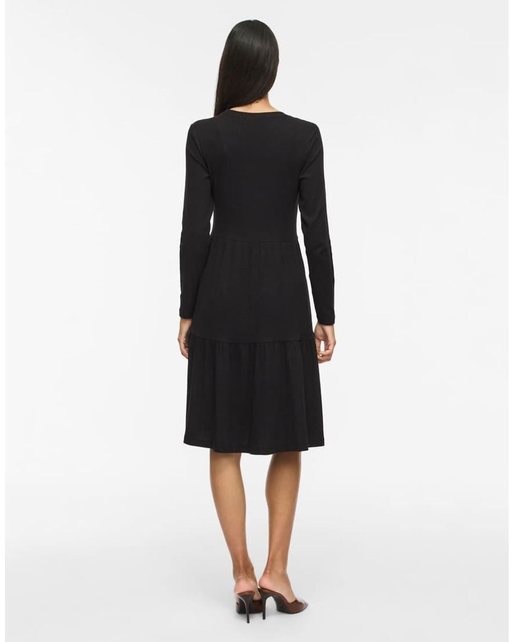 Vila Black Sleeved Vihollie Ribbed Crew Neck Long Sleeve Medium Midi Dress