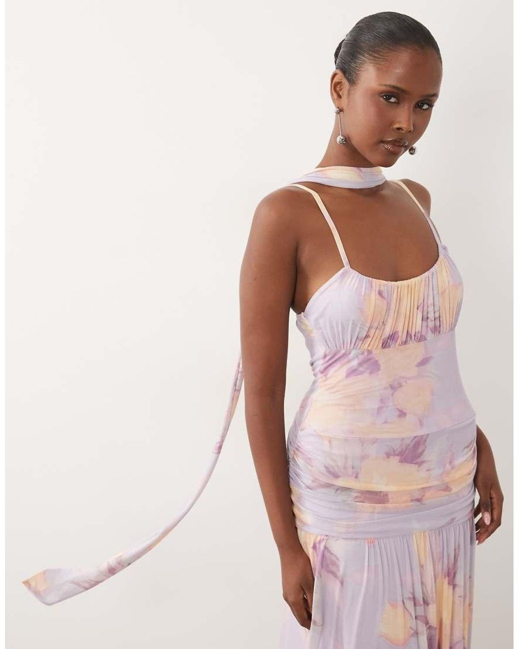 ASOS Pink Printed Mesh Ruched Bust Maxi Dress With Scarf Detail