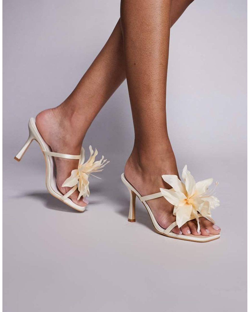 Public Desire Brown Heeled Mule Sandal With Flower Detail