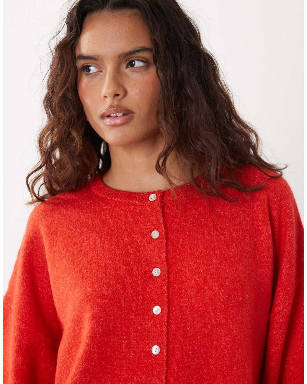 ASOS Red Fluffy Relaxed Crew Neck Cardigan