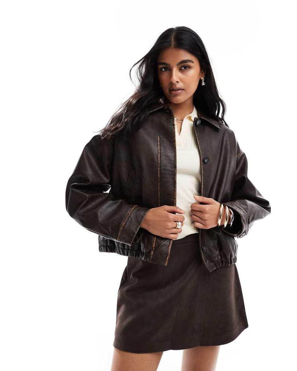 ASOS Black Vintage Wash Leather Look Bomber Jacket