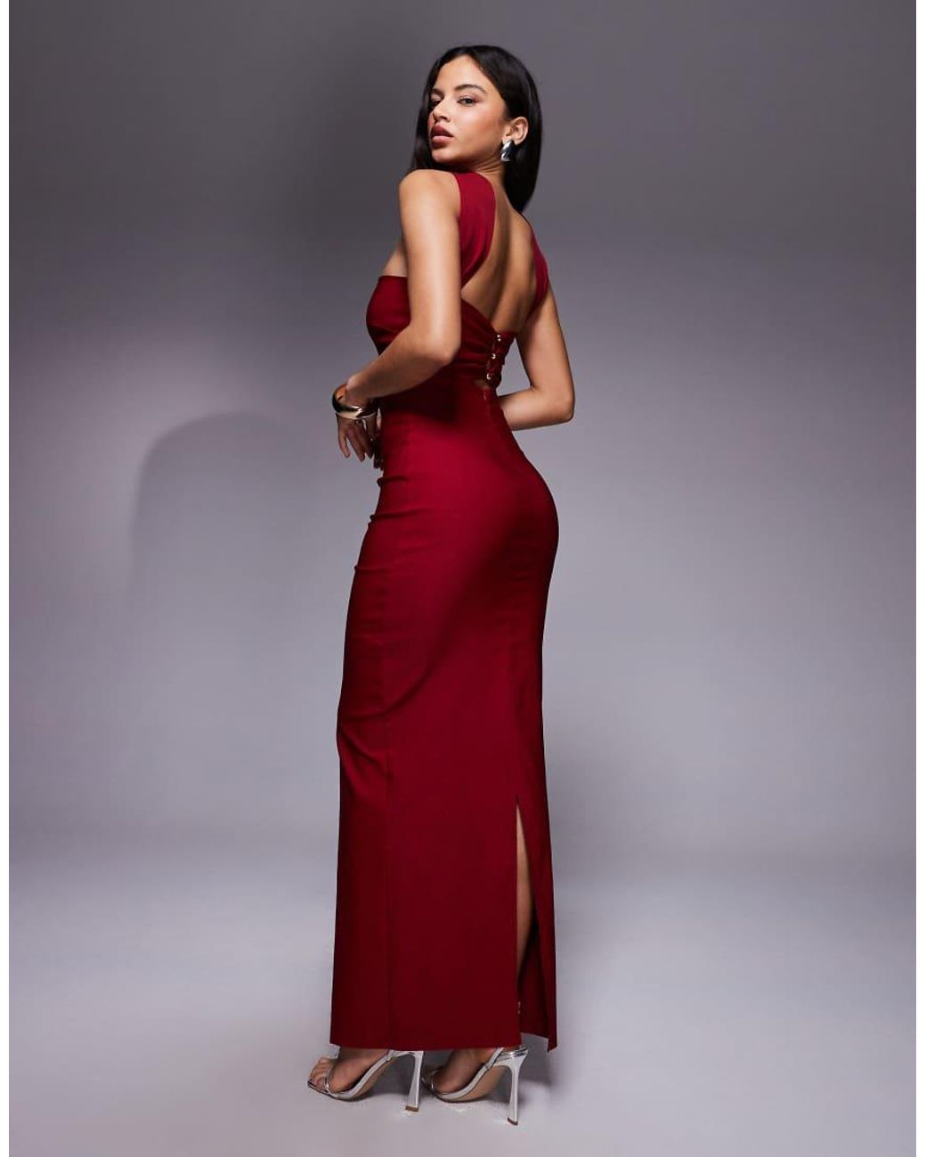 Vesper Red Bengaline Bandeau Choker Detail Back Button Detail Maxi Dress
