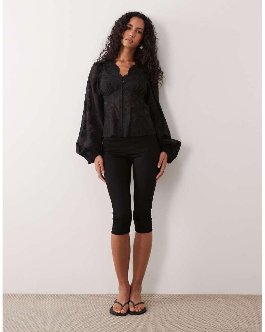 Gina Tricot Black V Neck Embroidered Blouse With Balloon Sleeve