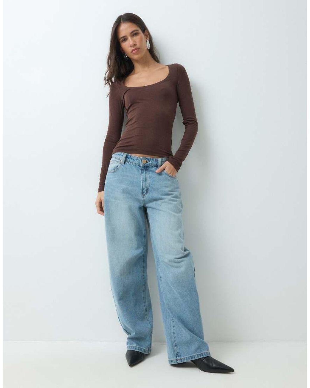ASOS Brown Lyocell Blend Scoop Neck Long Sleeve Top
