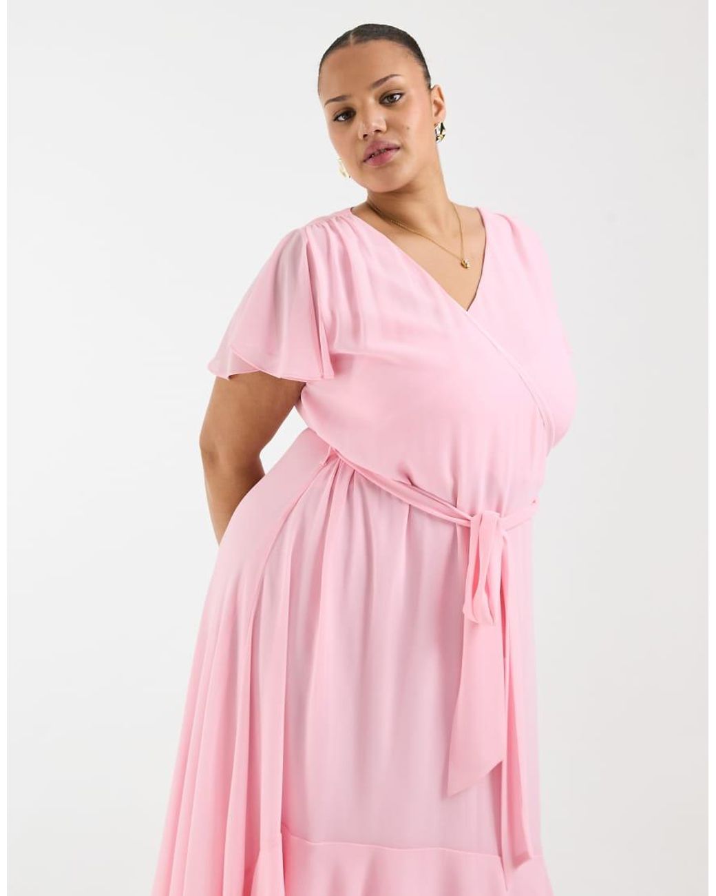 Tfnc Plus Pink Bridesmaids Hi-lo Frilly Chiffon Maxi Dress