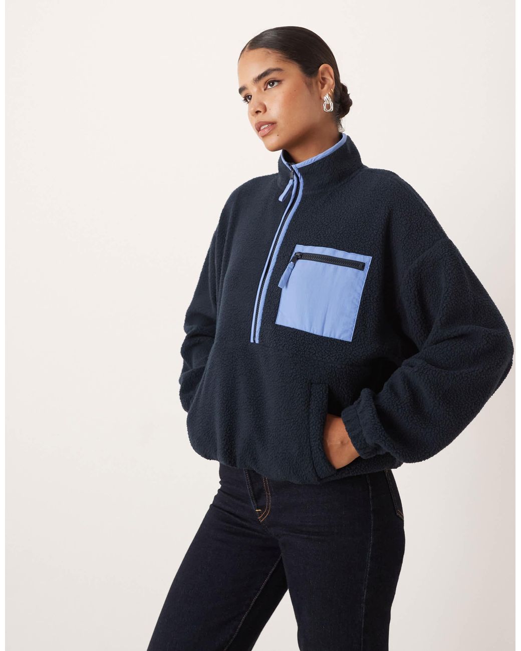 ASOS Half Zip Fleece With Nylon Detail in Blue | Lyst