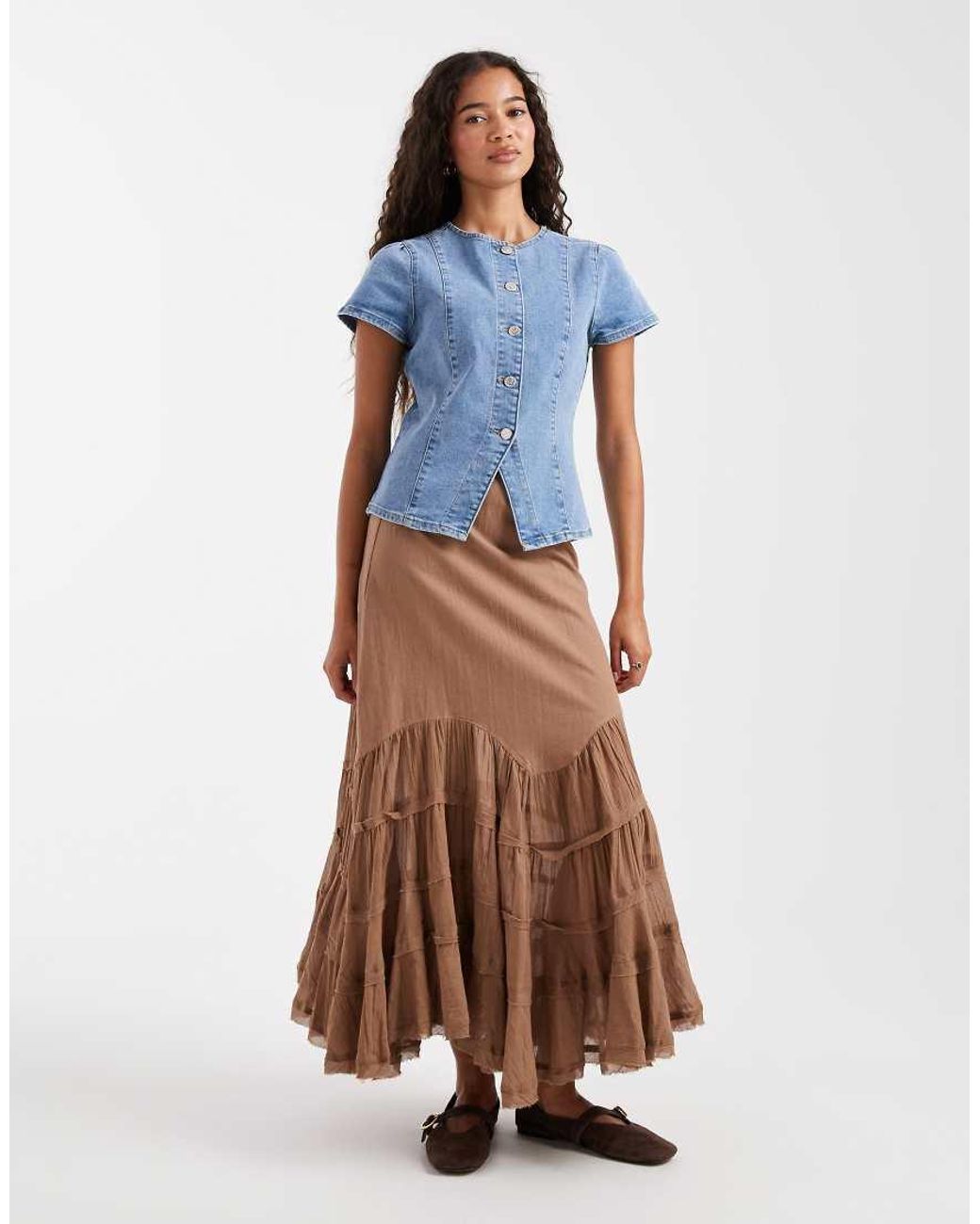 Miss Selfridge Blue Short Sleeve Denim Asym Top