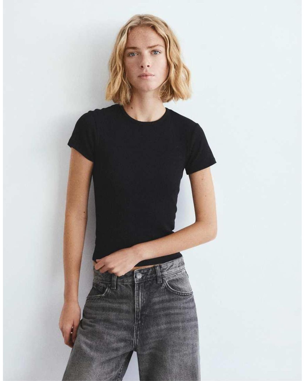 Pull&Bear Black Ribbed Short Sleeve T-shirt