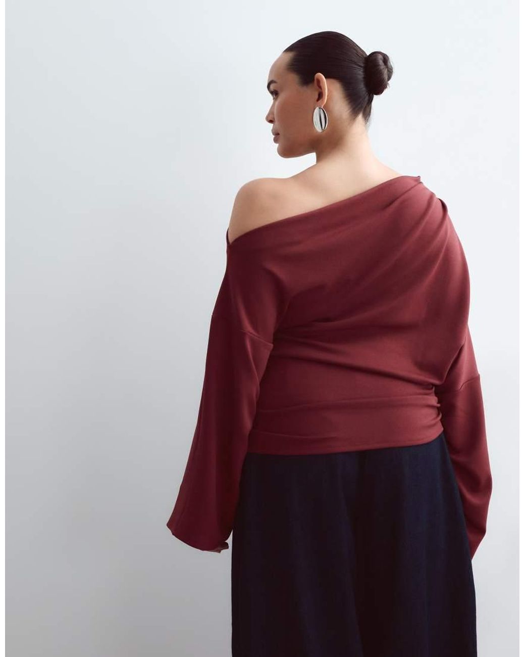 ARRANGE Red Curve Jersey Off Shoulder Long Sleeve Top With Ruched Hem