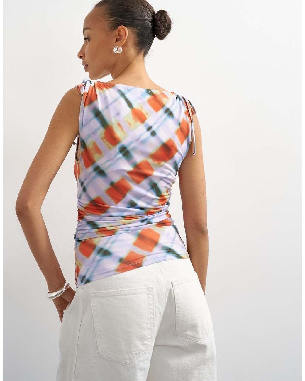 TOPSHOP White Blurred Check Print Microfibre Ruched Shoulder Tank