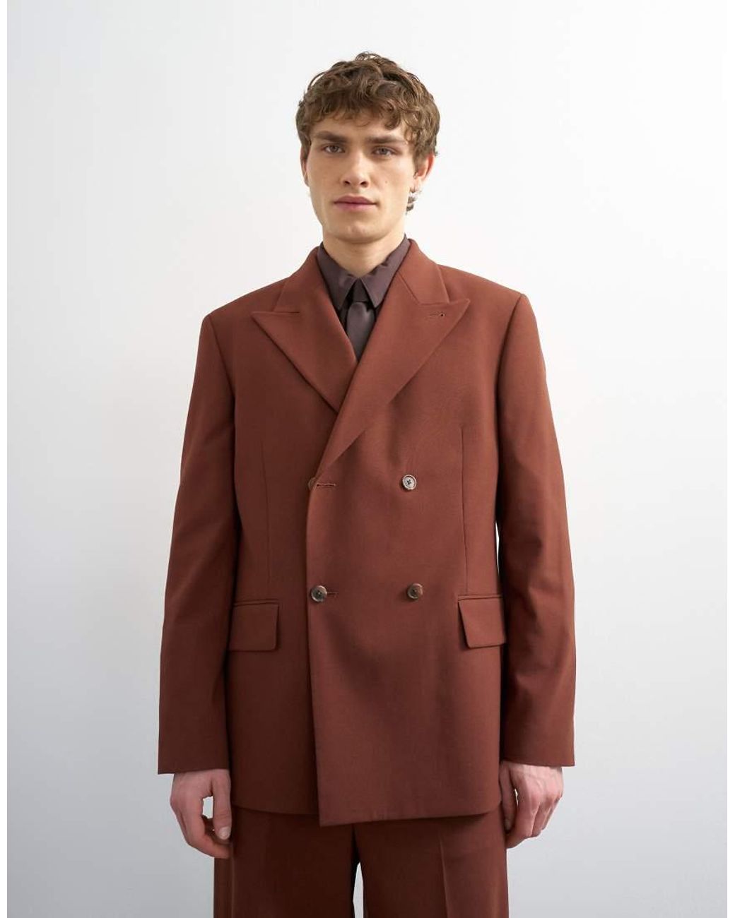 Topman Brown Relaxed Double Breasted Wool Touch Suit Jacket for men