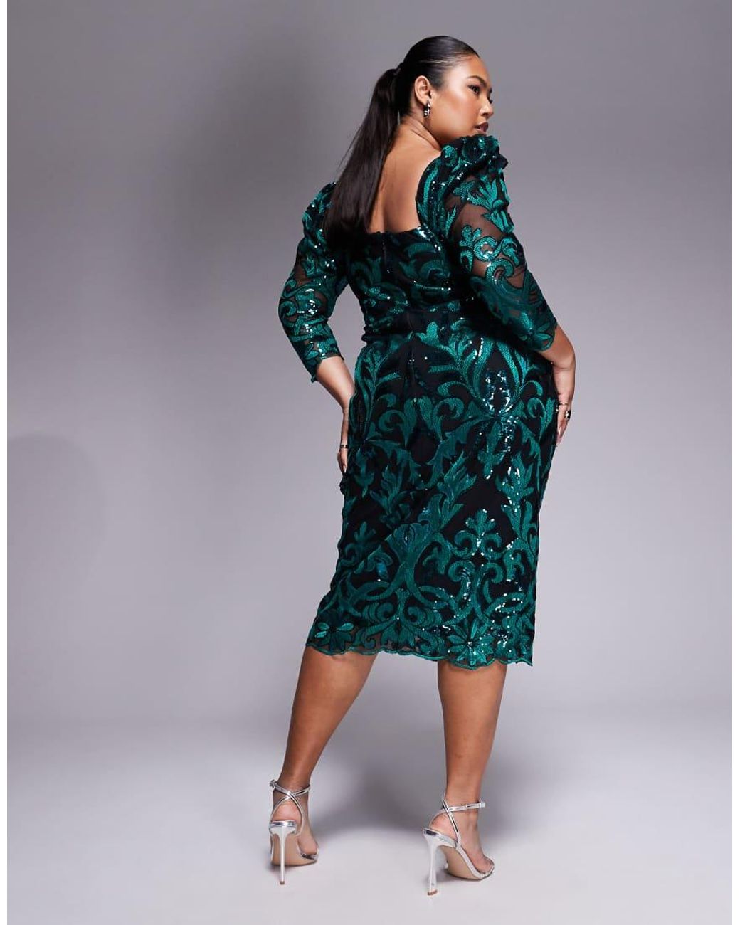 Goddiva Green Curve Square Neck Scalloped Lace Midi Dress