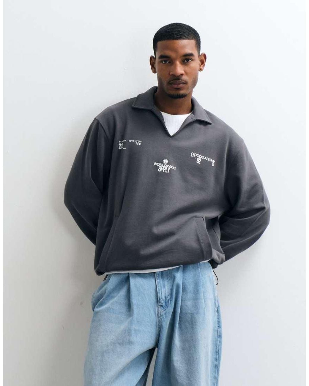 ASOS Blue Relaxed Polo Notch Sweatshirt With Cinch Hem And Print for men