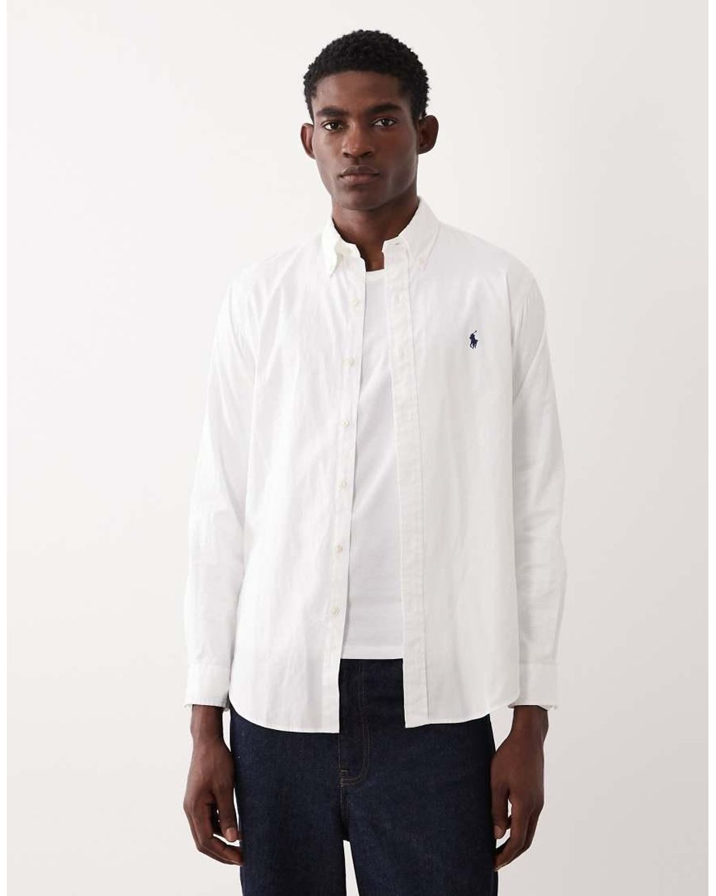 Polo Ralph Lauren White Icon Logo Long Sleeve Cotton Twill Shirt for men