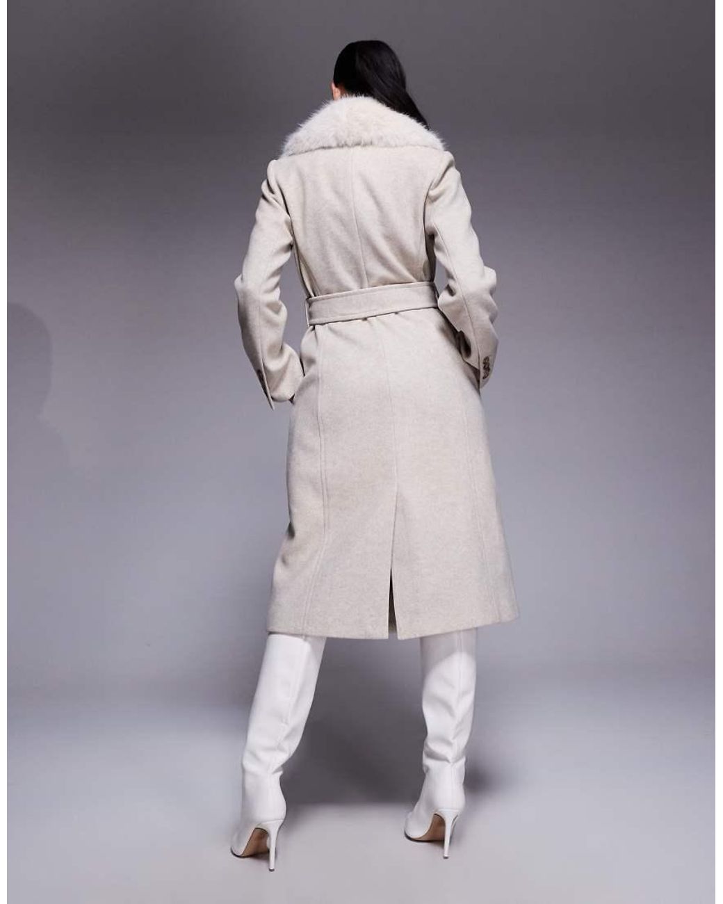 Forever New Natural Formal Belted Longline Detachable Faux Fur Shawl Collar Coat