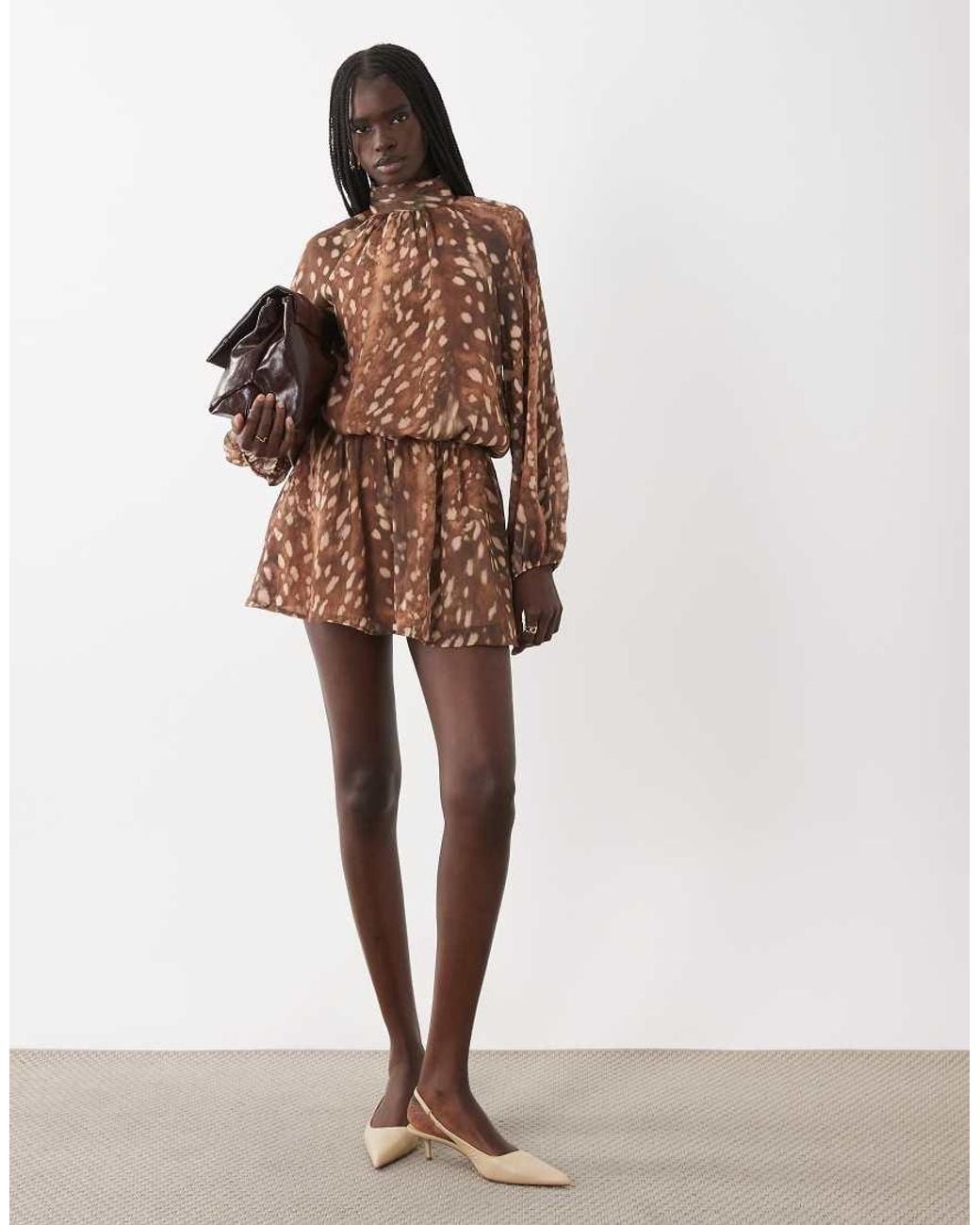 Mango Brown High Neck Long Sleeve Mini Dress