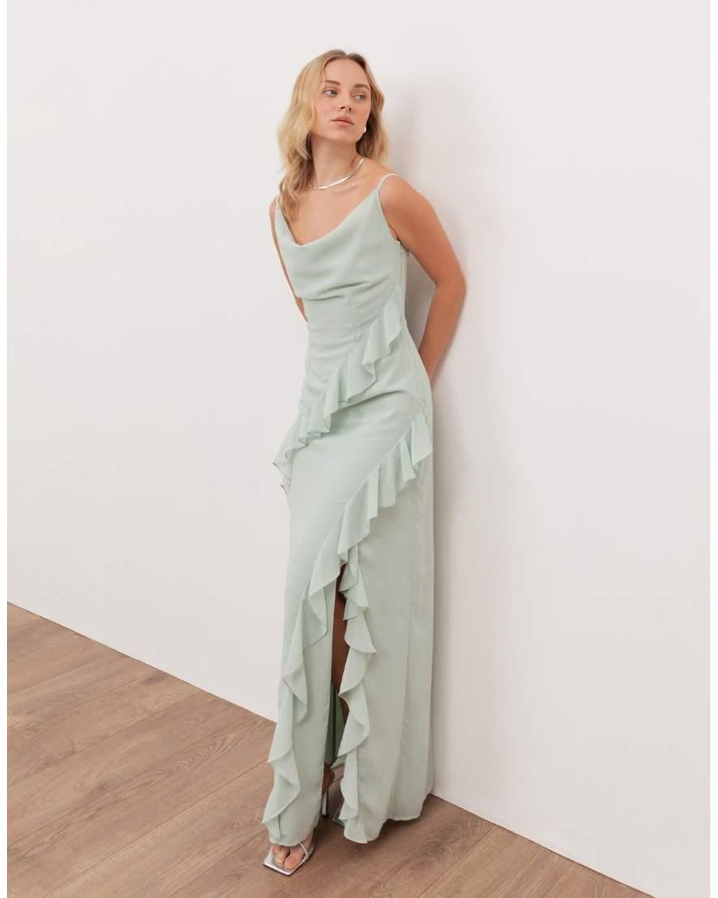 ANAYA Green Waterfall Ruffle Cowl Neck Cami Maxi Dress