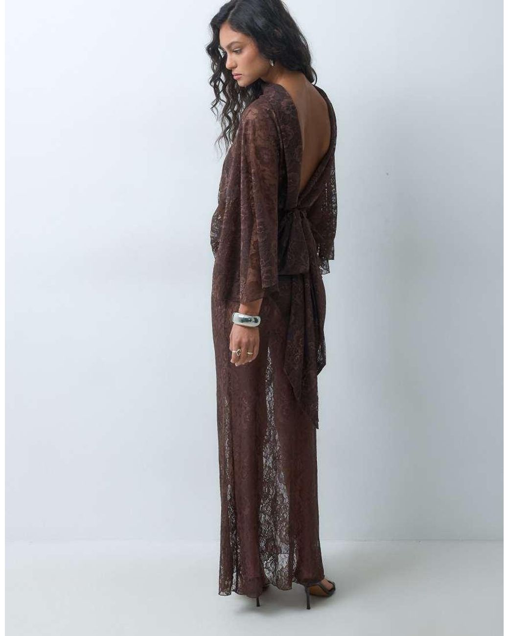 ASOS Brown Lace Flutter Sleeve V Back Maxi Dress