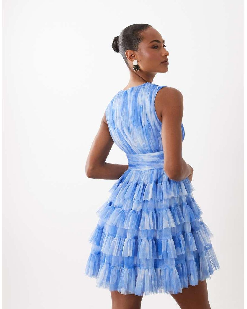 LACE & BEADS Blue Sleeveless Plunge Neck Ruffle Tiered Mini Dress