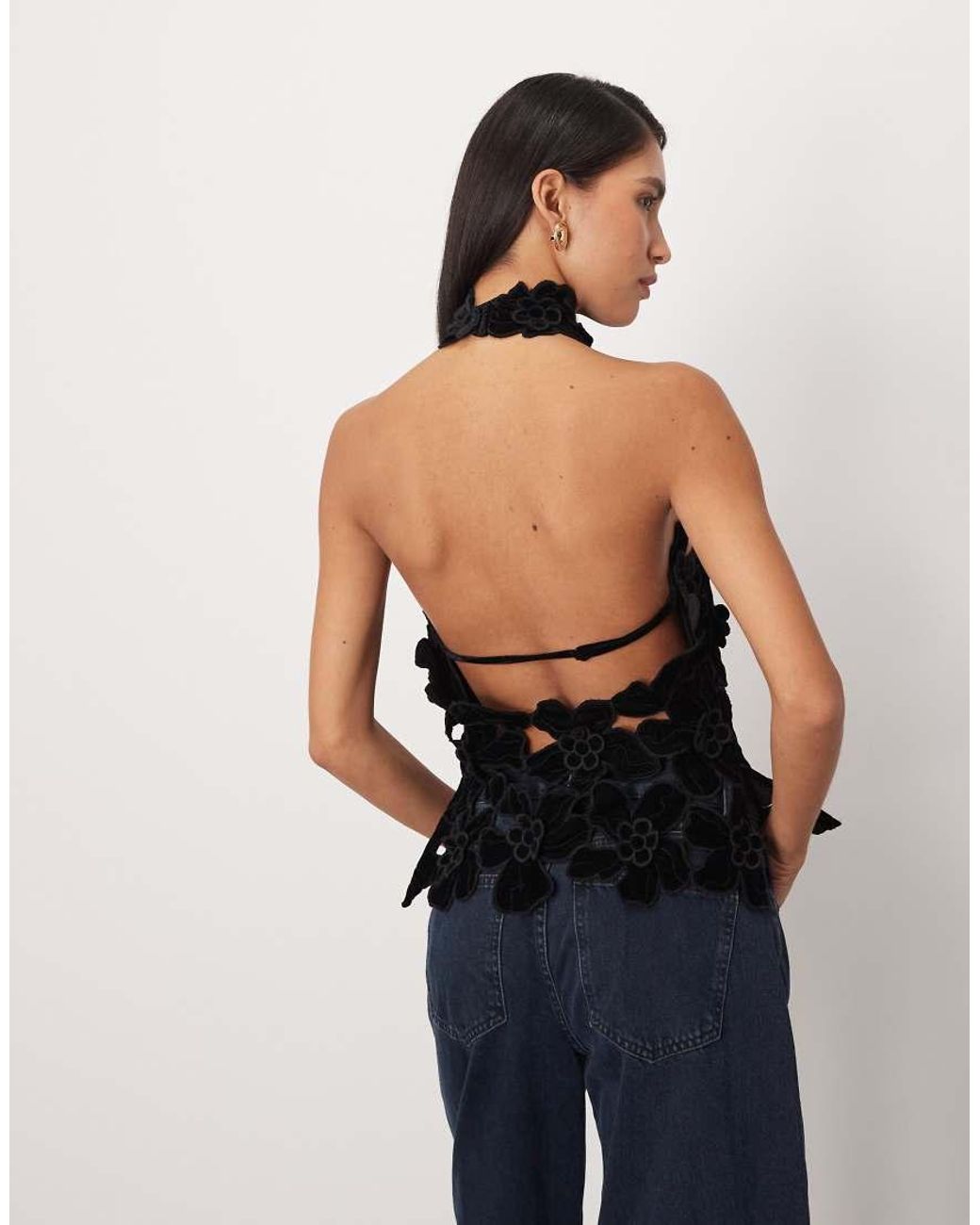 ARRANGE Black Embroidered Velvet Quilted Cut Work Halterneck Top