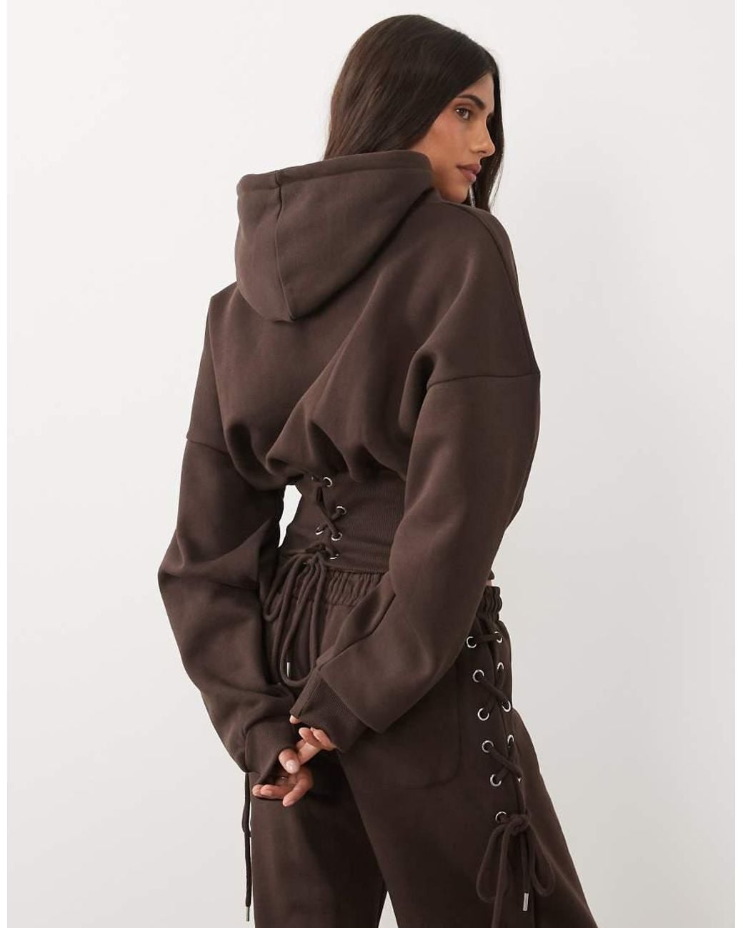 Kaiia Brown Cotton Rich Cinched Waist Lace Up Corset Detail Hoodie Co-ord