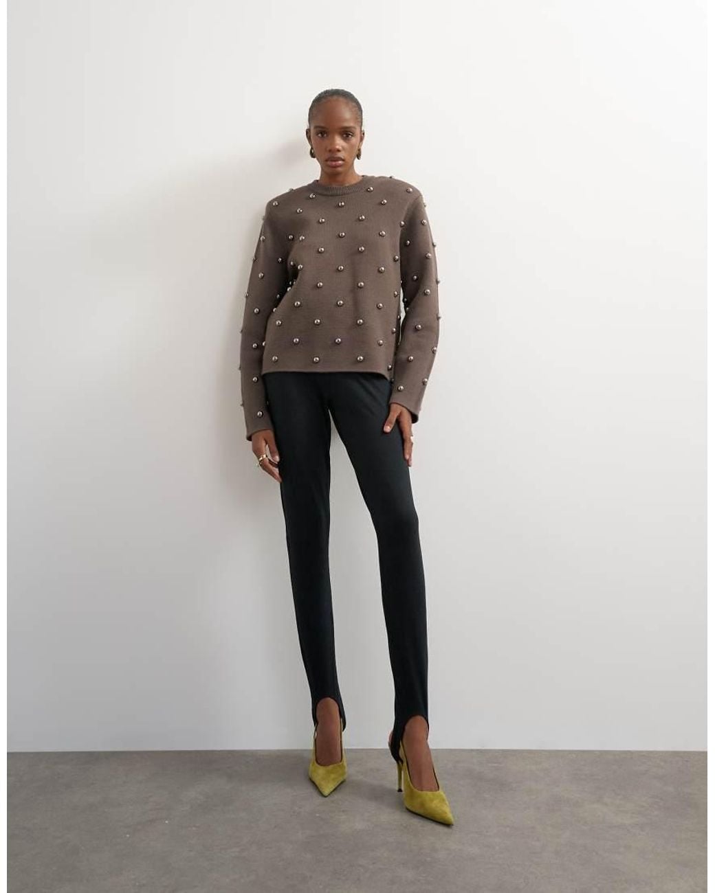 TOPSHOP Brown Knitted Metal Studded Shoulder Pad Jumper