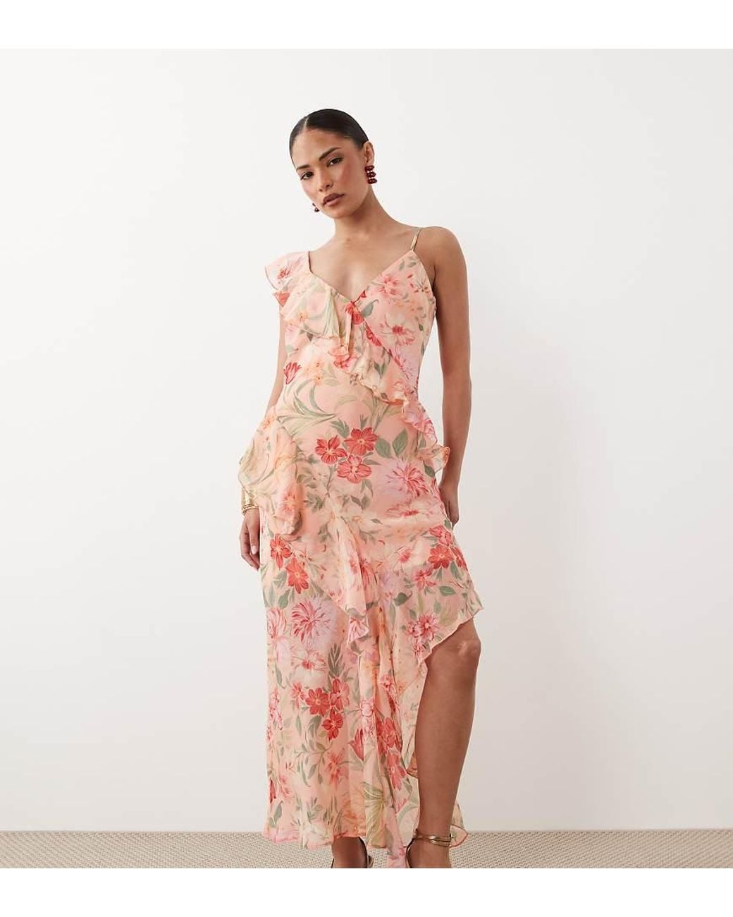 New Look Floral Asymmetric Chiffon Midi Dress in Pink