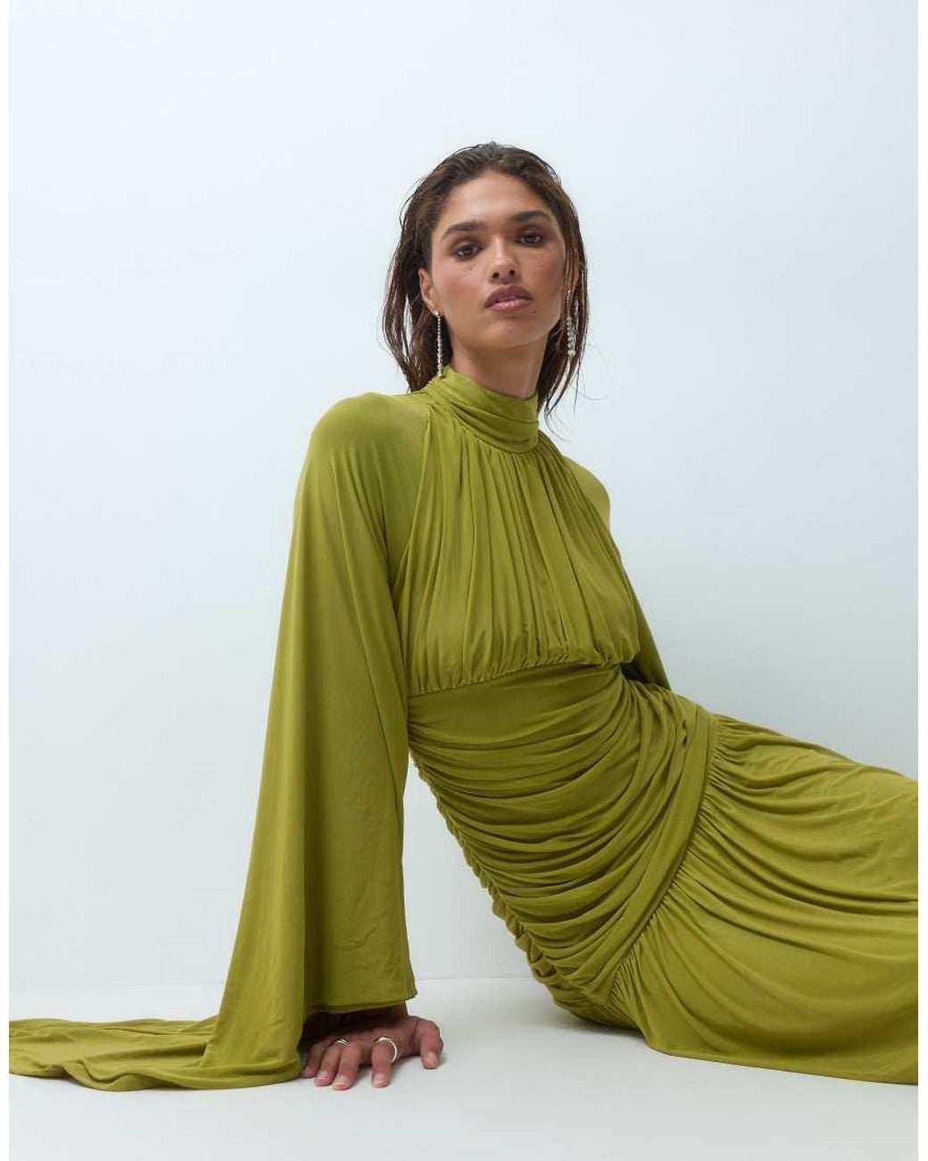 ASOS Brown Mesh High Neck Modesty Maxi Dress With Waterfall Sleeve Detail