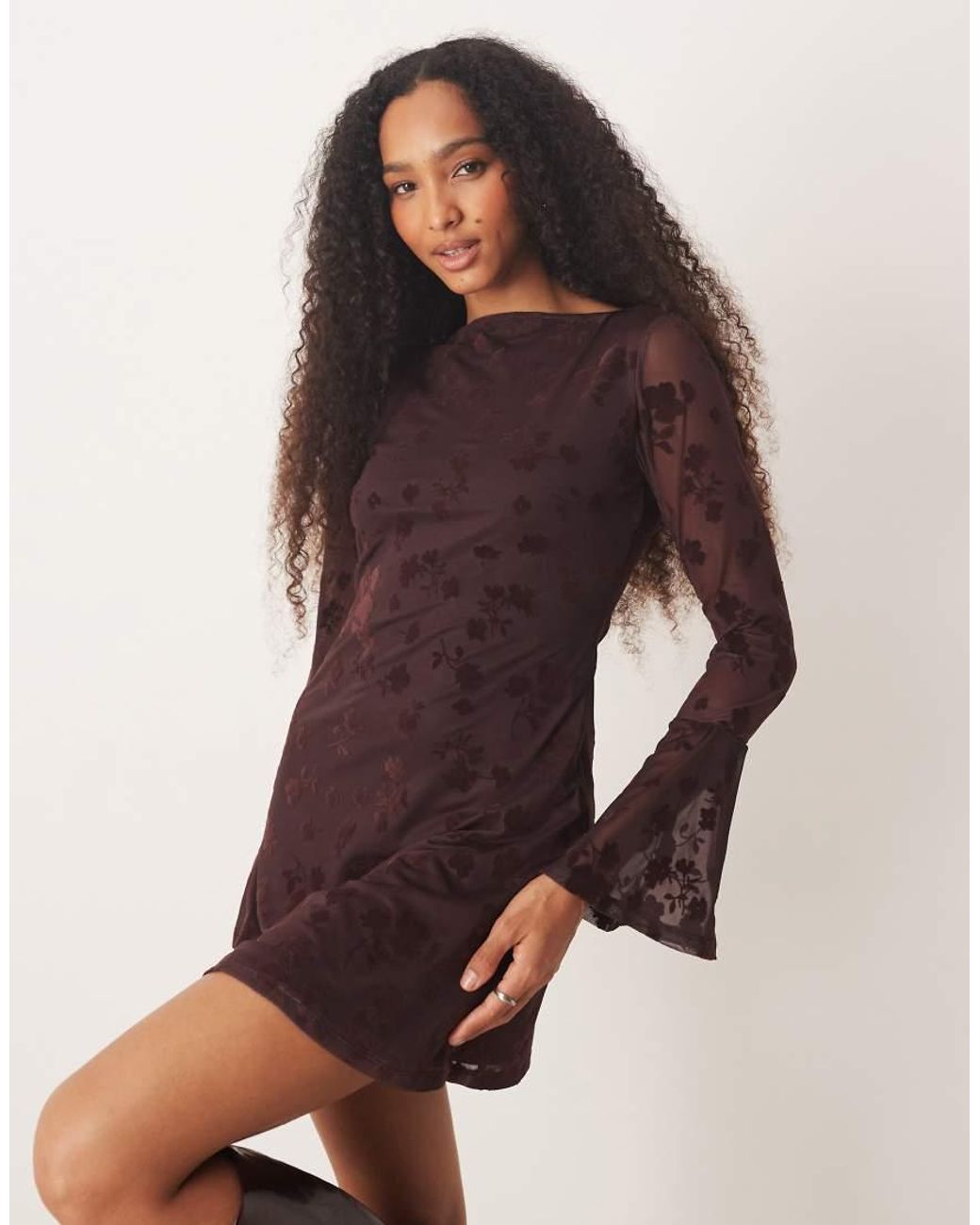 ASOS Brown Flocked Floral Mini Dress With Flute Sleeve
